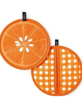 Kate Spade Squeeze the Day and Spring Gingham 2-Pack Pot Holders. Orange. NWT